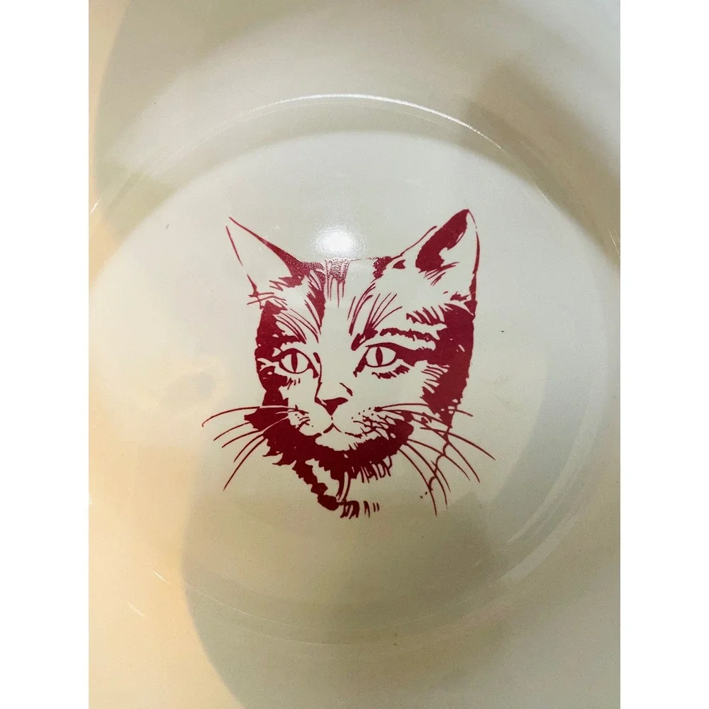 Vintage Ceramic Cat Bowls Set of 2 My Kitty White Burgundy Brown Stoneware